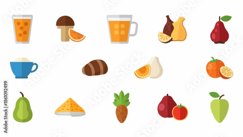 Collection of Fresh Fruits Vegetables Drinks and Pastries.