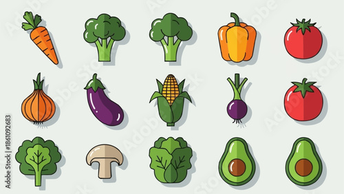 Collection of Fresh Healthy Vegetables Icons Isolated on White Background.