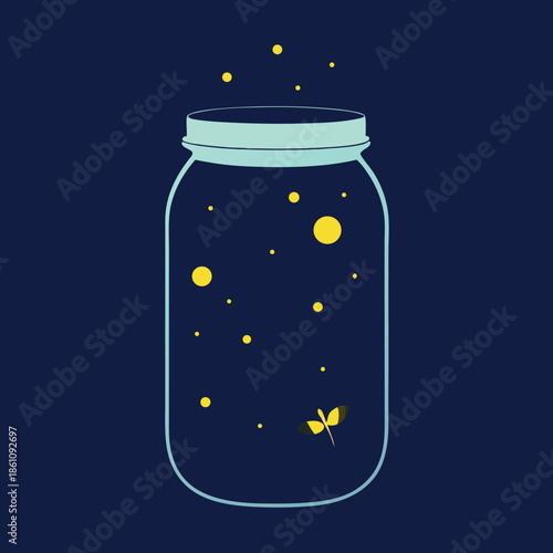 Fireflies in a jar glowing dots within a silhouette 