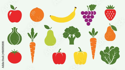 Collection of fresh fruits and vegetables in flat design style.