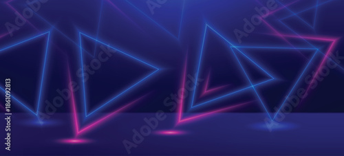Abstract technology futuristic neon triangle frame glowing blue and pink light lines with speed motion blur effect on dark blue background.
