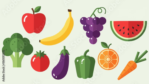 Collection of fresh fruits and vegetables isolated on white background.