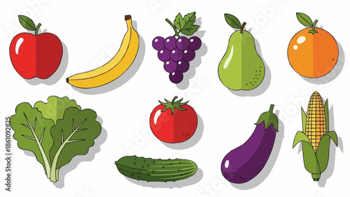 Collection of fresh fruits and vegetables isolated on white background.