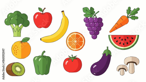 Collection of fresh fruits and vegetables isolated on white background.