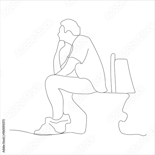 man sitting on the toilet. The man on the toilet is constipated. line art