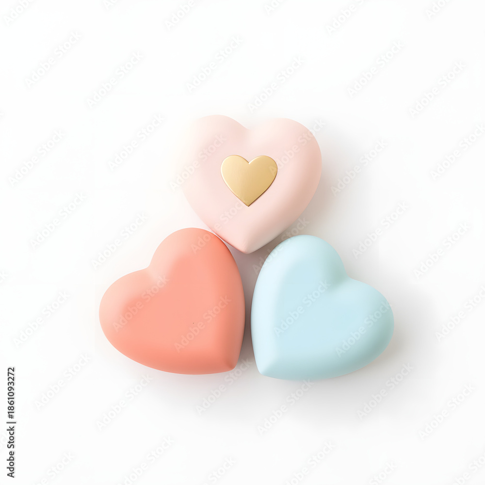 Fototapeta premium Pastel heart trio with metallic accent, minimalist beauty