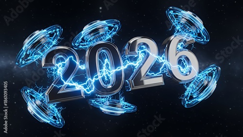 Futuristic glowing blue neon lights surround the silver 2026 text in a dark space environment viewed from a straight-on perspective.