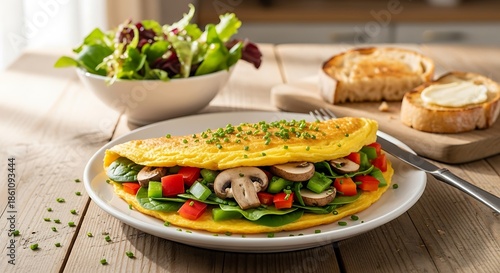 Delicious omelette with vegetables on plate.