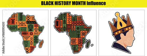 Three of the African continent filled with geometric patterns, a crowned profile, and