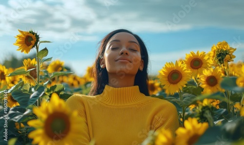 Young woman surrounded by blooming sunflowers, her bright yellow sweater blending harmoniously with the field, soft daylight creating a cheerful and radiant mood,
