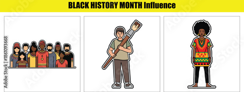 Group of diverse people, a person holding a large paintbrush, and a woman with an afro