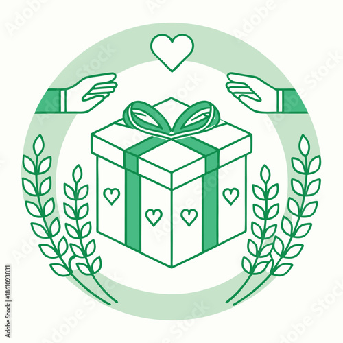 Hands passing a gift box with charity iconography. 