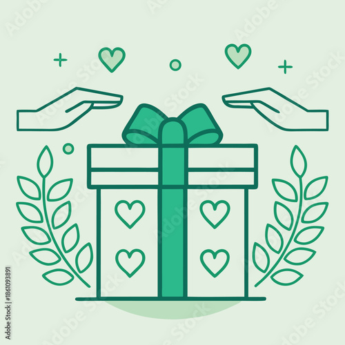 Hands passing a gift box with charity iconography. 