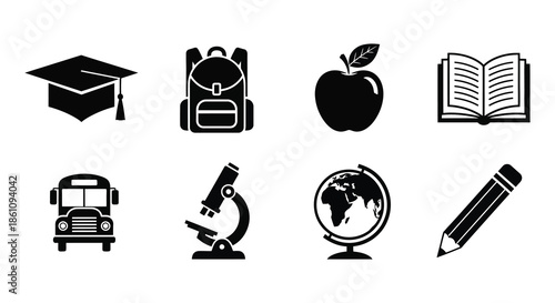 Education icons representing learning school knowledge and academic pursuits in a dark silhouette