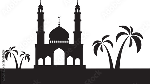Silhouette of a domed mosque with twin minarets and palm trees in a stark black vector on white