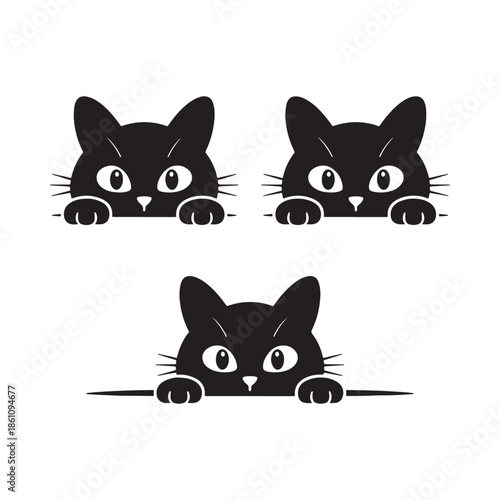 Three adorable black cat heads peek over an edge displaying playful expressions and charming whiskers