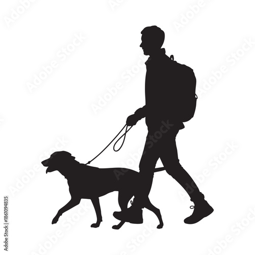 A silhouetted image showcases a man walking his dog on a leash representing companionship and outdoor activity