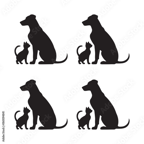 Silhouettes of dogs and cats in various poses repeated four times in a simple graphic design
