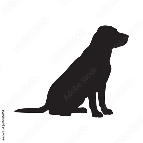 A simple black silhouette of a sitting dog showcasing its profile and relaxed posture clearly