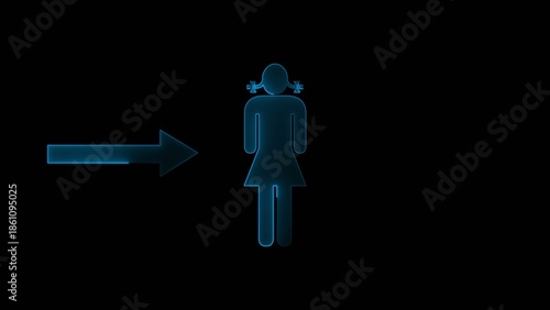 Bright blue glowing arrow pointing right at a simple female figure with pigtails on a dark Generate title without using the word 