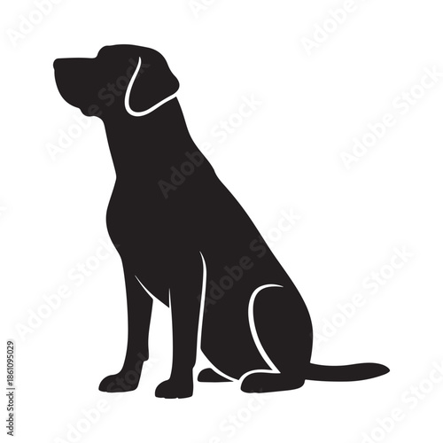 A simple black silhouette of a seated labrador retriever showcasing its classic profile and form