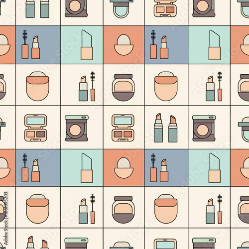 Seamless Pattern of Makeup and Cosmetics Icons on a Grid Background. Vector Illustrations. EPS Editable