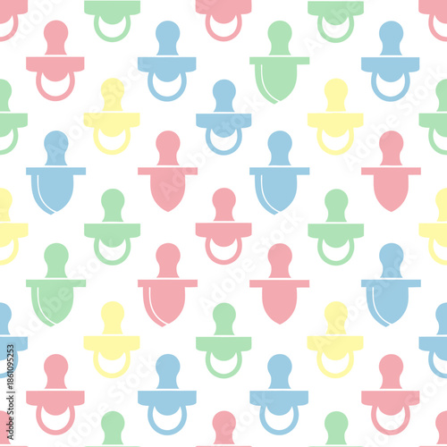 Seamless Pattern of Pastel Colored Baby Pacifiers on White Background. Vector Illustrations. EPS Editable
