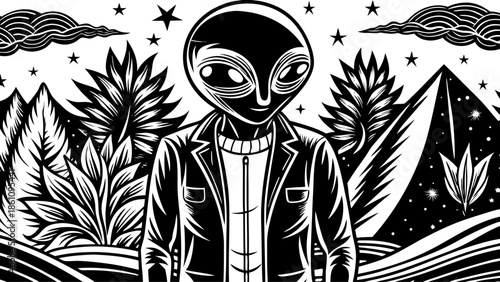 Very beautiful vector artwork of a humanized alien dressed in casual clothing, standing in a familiar human environment, symbolizing coexistence, curiosity, and peaceful interaction between worlds.