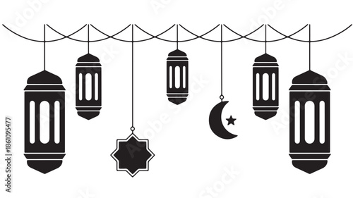 Ramadan lanterns with crescent moon and star – black silhouette decorative illustration