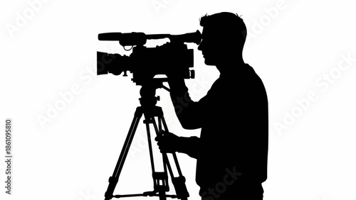 Silhouette of a cameraman operating a professional video camera on a tripod.