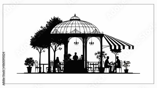Silhouette of a charming outdoor cafe with people enjoying drinks.
