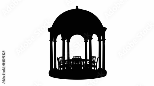 Silhouette of a classical gazebo with table and chairs inside.