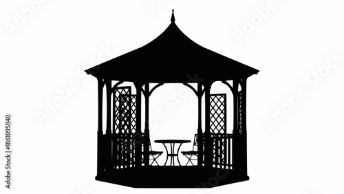 Silhouette of a classic garden gazebo with table and chairs.