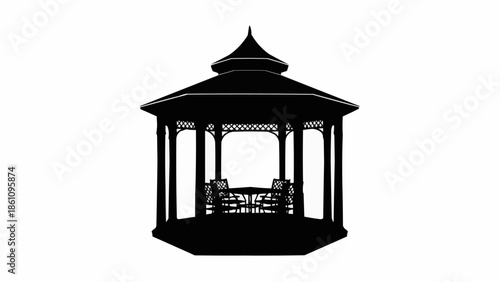 Silhouette of a classic gazebo with table and chairs inside.