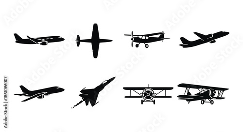 A collection of various airplane types displayed as dark shapes a striking silhouette