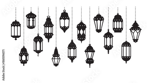 Set of hanging lantern silhouettes in black vector art, decorative Islamic/Moroccan style