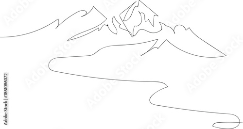 Mountains landscape view. Minimalist continuous line art depicting majestic mountains and a winding river. A sleek and modern one-line drawing captures the grandeur of a mountain range with sharp peak