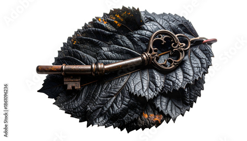 Ornate antique key resting on layered, dark leaves