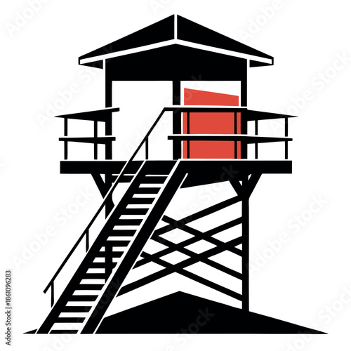 lifeguard tower with steps and railing bold silhouette. 
