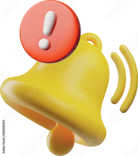 3D yellow bell with a red exclamation mark, isolated icon.