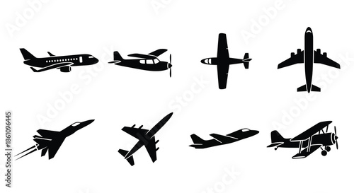 A collection of various airplane designs displayed in a striking black silhouette