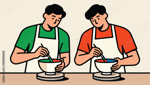 Two people in aprons stir colorful mixtures in bowls on a table