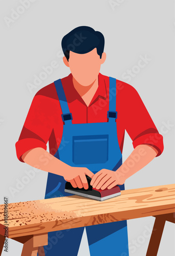 A person in overalls sanding a wooden board