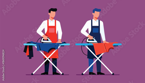 Two men ironing clothes on boards
