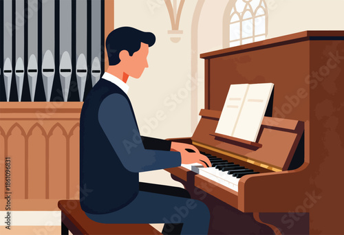 Man plays a grand piano near a pipe organ inside a church with stained glass