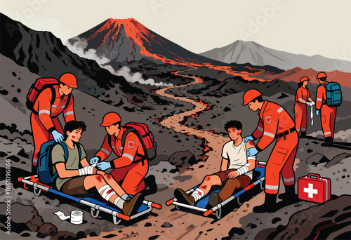 Rescue workers tend to injured hikers during a volcanic eruption