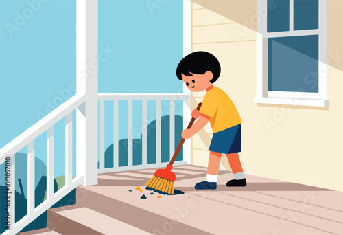 Young boy sweeping debris from a wooden porch with a broom
