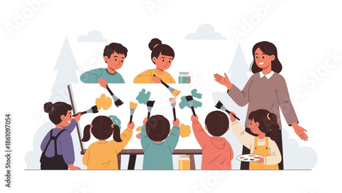 Children engaged in art class, expressing creativity while painting on a canvas with their teacher guiding them