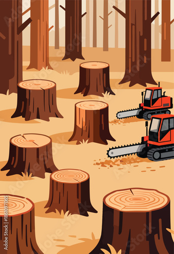 Orange excavators with chainsaws clear trees in a forest of stumps