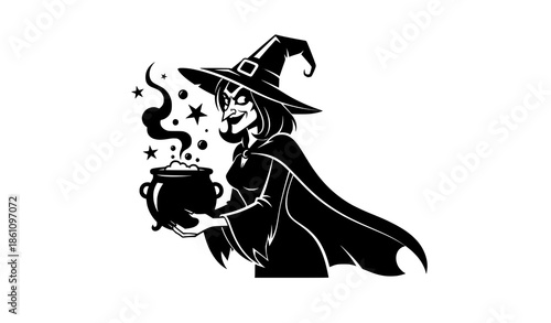 Spooky Halloween Witch with Potion Cartoon Clip Art Vector Illustration